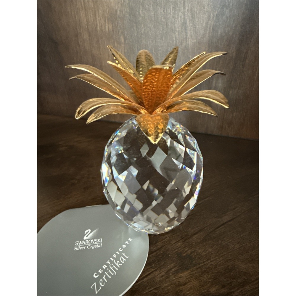 Retired Swarovski Crystal Pineapple Figurine 4.5" Gold‎ Leaves Etched Mark